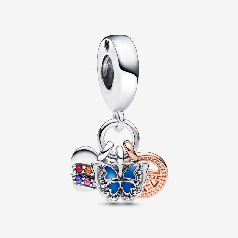 Charm Pendentif Pandora Two-Tone Rainbow Heart Butterfly & Peace Triple Multicolore | FXF-36208444