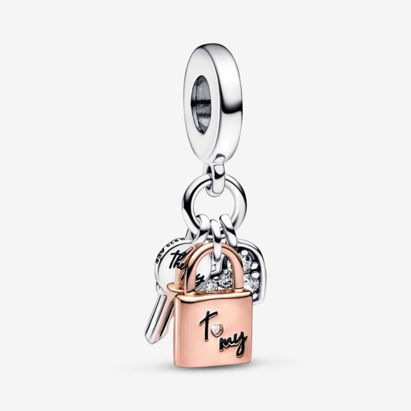 Charm Pendentif Pandora Two-Tone Key Padlock & Heart Triple Noir | HJN-23622239