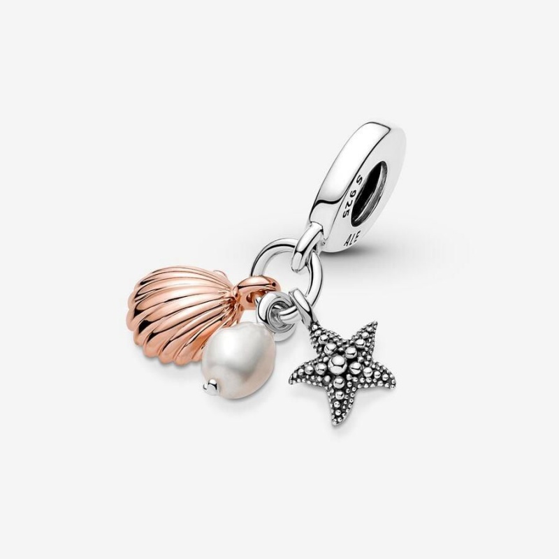 Charm Pendentif Pandora Treated Freshwater Cultured Pearl Starfish & Shell Triple Blanche | GLT-03134948