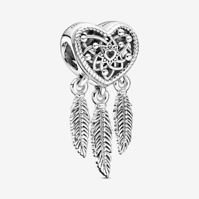 Charm Pandora Openwork Heart & Three Feathers Dreamcatcher | FGS-04004846