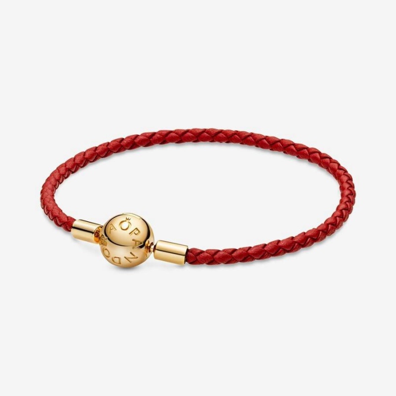 Bracelet avec Charms Pandora Moments Woven Cuir Rouge | HED-79705700