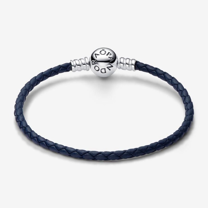 Bracelet avec Charms Pandora Moments Round Clasp Braided Cuir Bleu | YPT-31696781