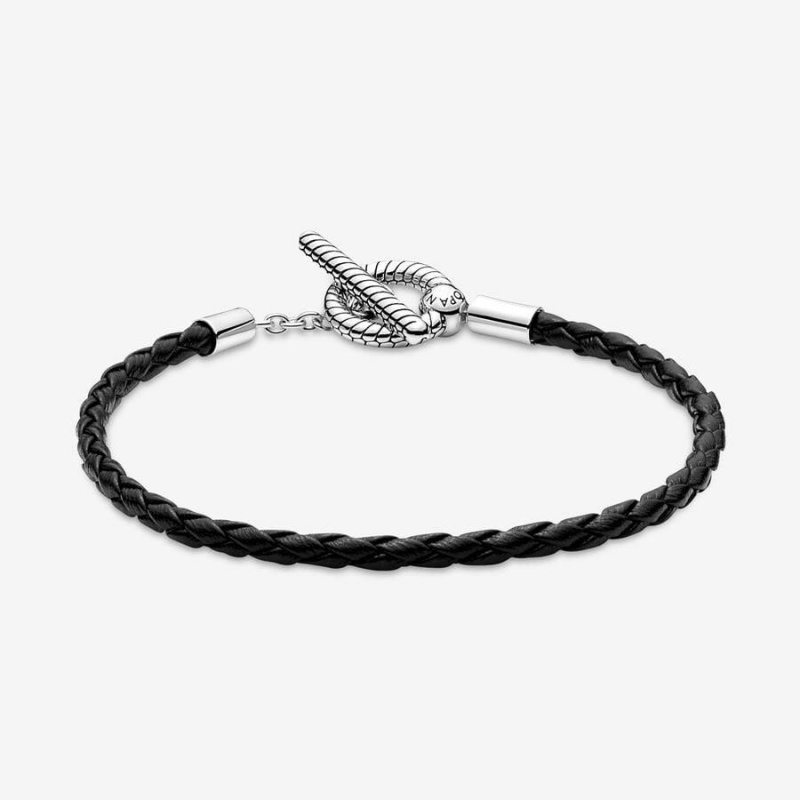 Bracelet avec Charms Pandora Moments Braided Cuir T-Bar Noir | LIQ-79756583