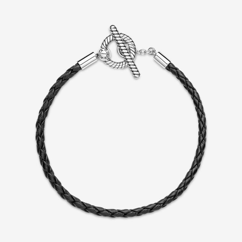 Bracelet avec Charms Pandora Moments Braided Cuir T-Bar Noir | LIQ-79756583