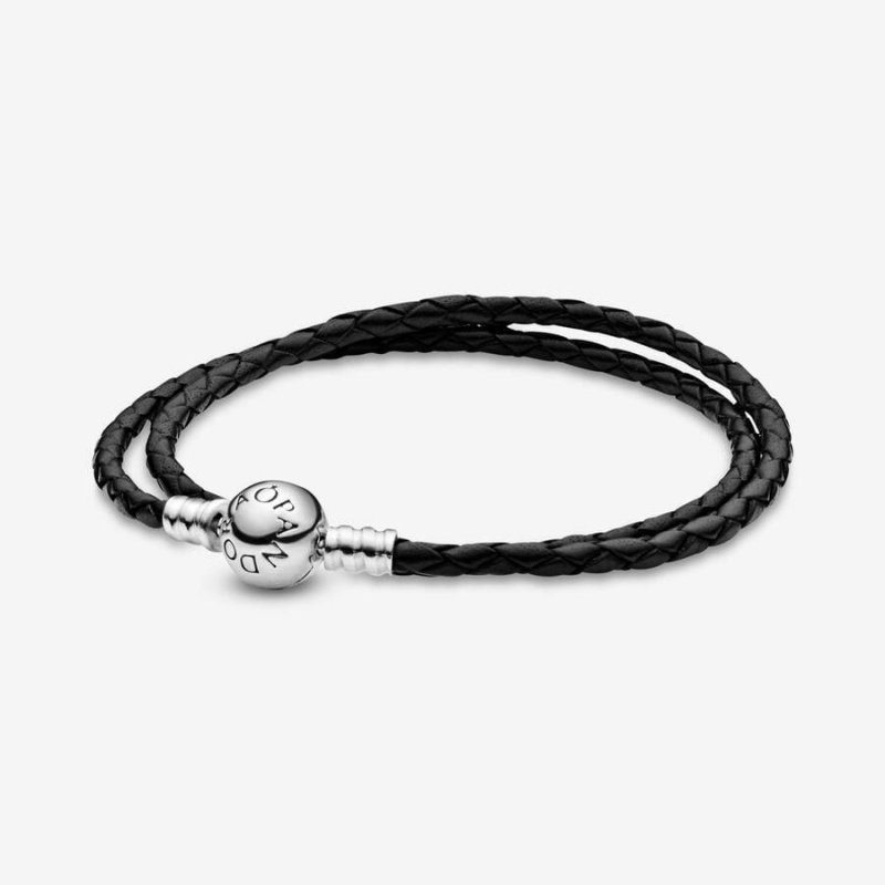 Bracelet avec Charms Pandora Moments Double Cuir Noir | ZGH-50001121