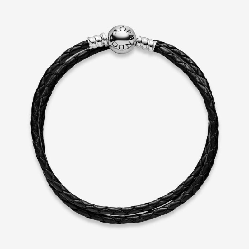 Bracelet avec Charms Pandora Moments Double Cuir Noir | ZGH-50001121