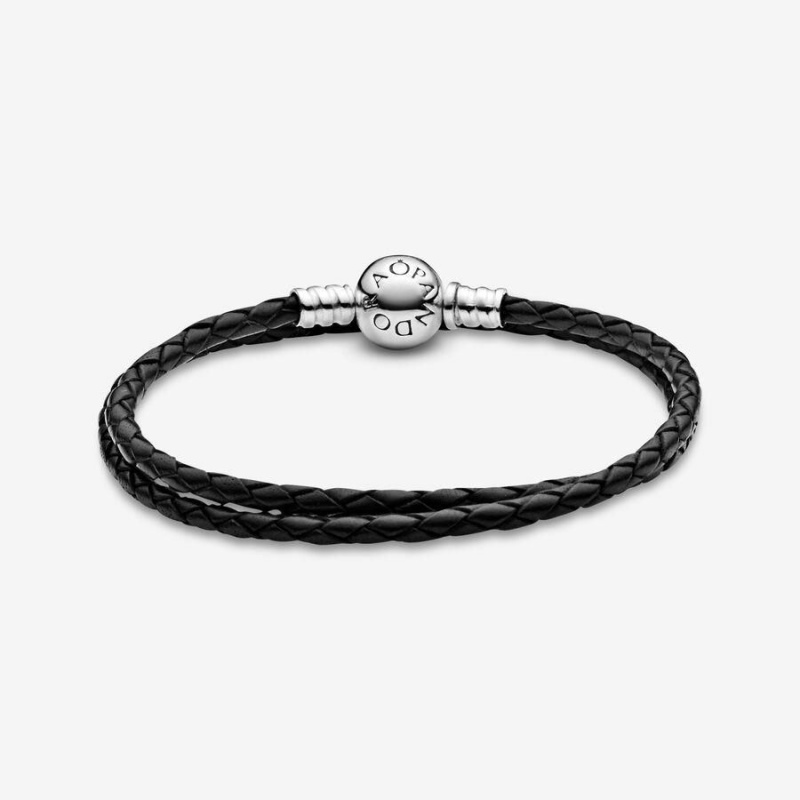 Bracelet avec Charms Pandora Moments Double Cuir Noir | ZGH-50001121